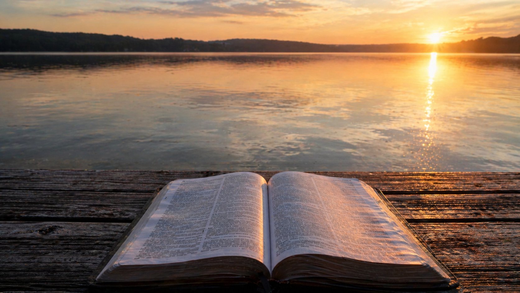 Bible open on a dock at sunset